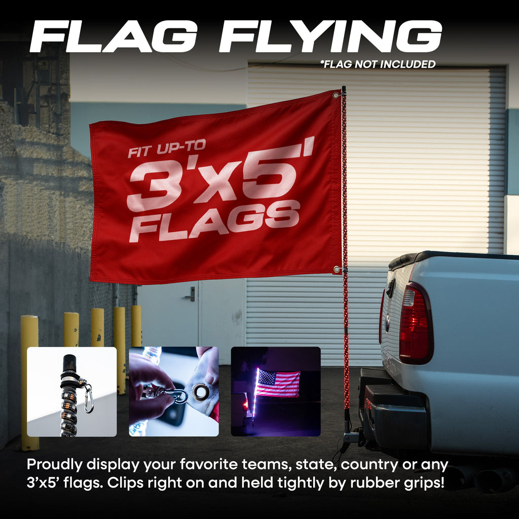 Master Tailgaters 6ft LED Truck Flag Pole with Smartphone App Control or Remote Control | Bluetooth Spiral Lights | 20 Colors & 100 Light Modes | Truck Hitch Mount Included | IP65 Water Resistant | 3'x5' Flag Approved