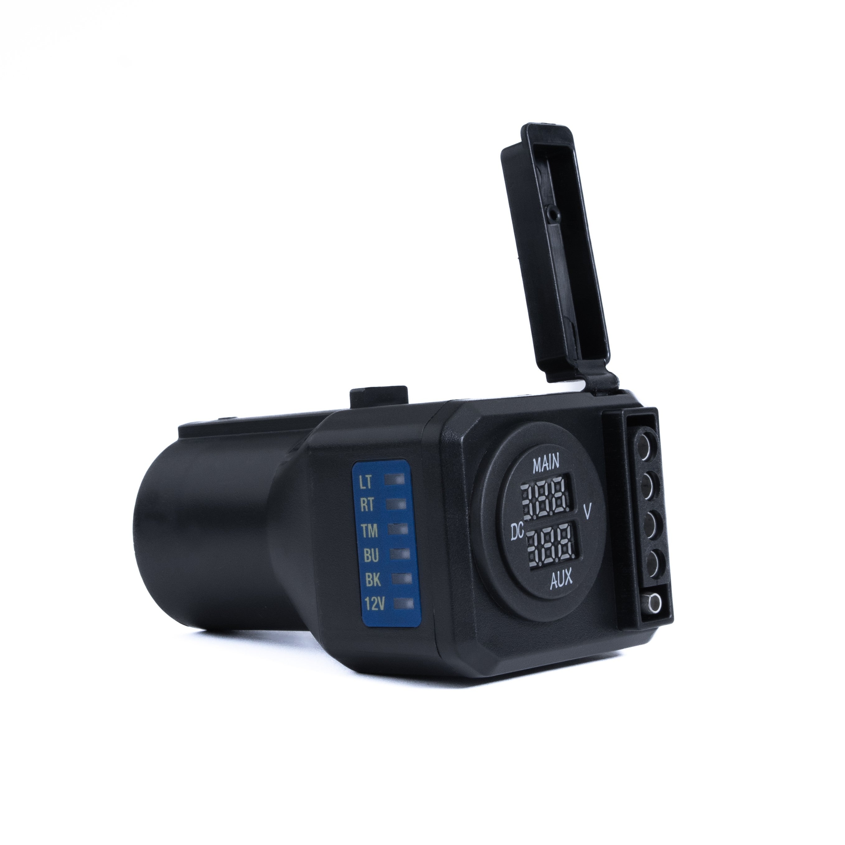 Multiple-Tow Trailer Hitch Adapter with LED Voltage Indicators & Digital Input/Output Voltage Displays - 7-Way Blade Input to 4/5 Flat Pin Output