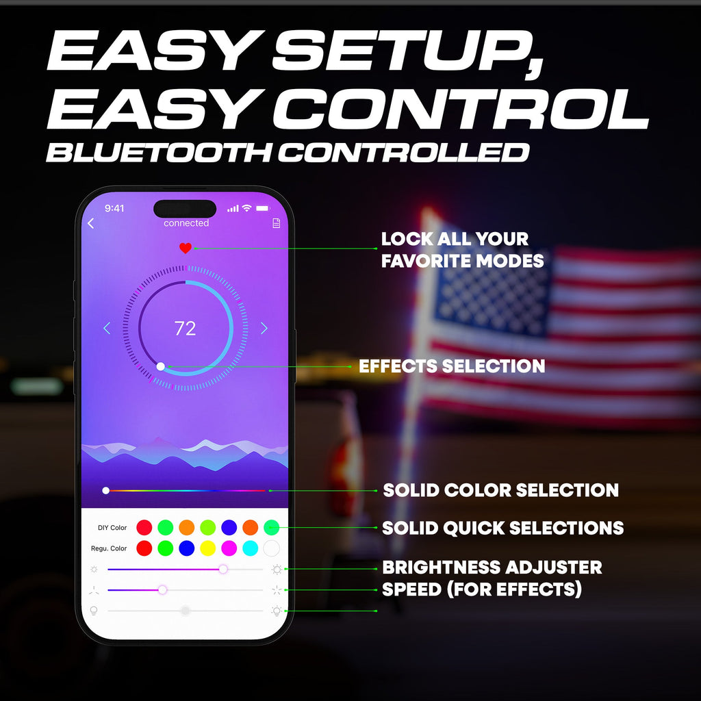 Master Tailgaters 6ft LED Truck Flag Pole with Smartphone App Control or Remote Control | Bluetooth Spiral Lights | 20 Colors & 100 Light Modes | Truck Hitch Mount Included | IP65 Water Resistant | 3'x5' Flag Approved